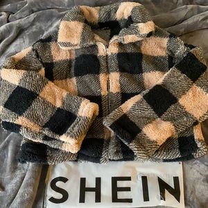 NWOT SHEIN Sherpa Pinkish/Black Plaid Jacket